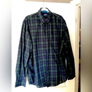 Izod size Large Tall green and blue plaid cotton button down shirt.